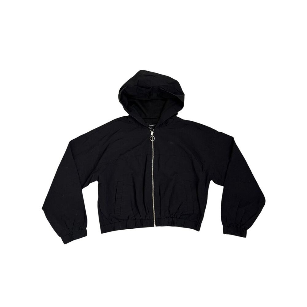 Forever 21 Black Retro 90s Crop Hooded Zip Up Windbreaker Jacket Size Large
